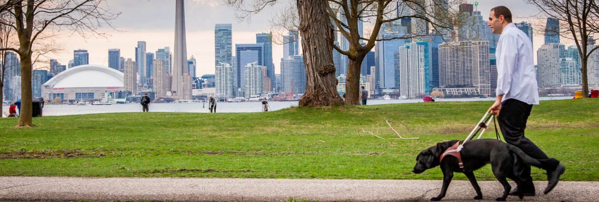 A man walking in profile with his black Lab guide dog with the Toronto skyline as a backdrop.